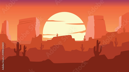 Desert Silhouette Landscape With Towering Rock And Cactus, Sunset Scenery, nature theme background