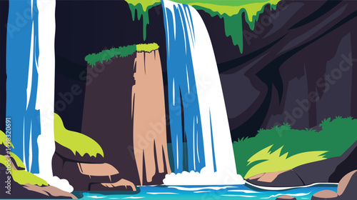 Beautiful waterfall with rocks around it, background with a natural landscape concept in flat style