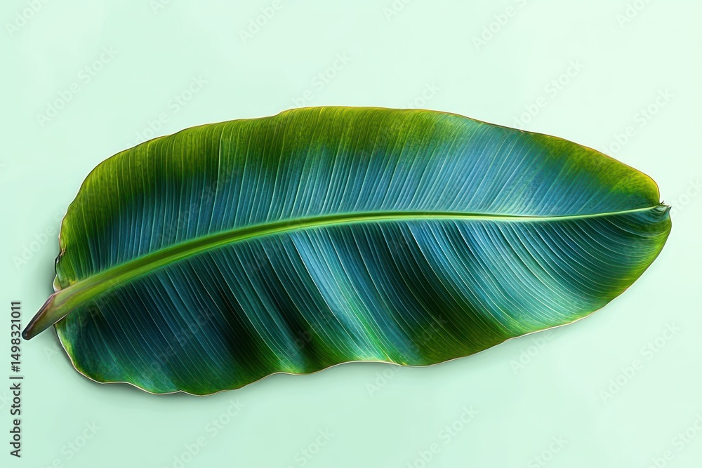 Large banana leaf with vibrant green and blue shades isolated on pale background showing detailed vein texture and smooth edges Large banana leaf with vibrant green and blue shades isolated on pale background showing detailed vein texture and smooth edges