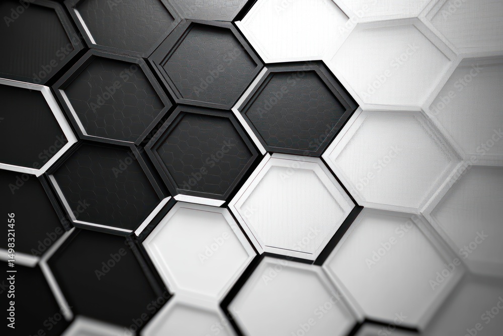 Close-up view of a three-dimensional hexagonal pattern with alternating black and white shapes creating a modern geometric design Close-up view of a three-dimensional hexagonal pattern with alternating black and white shapes creating a modern geometric design