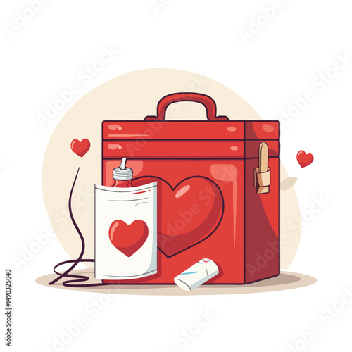 Medical donation concept with box, tin, blood bag, and heart on white background