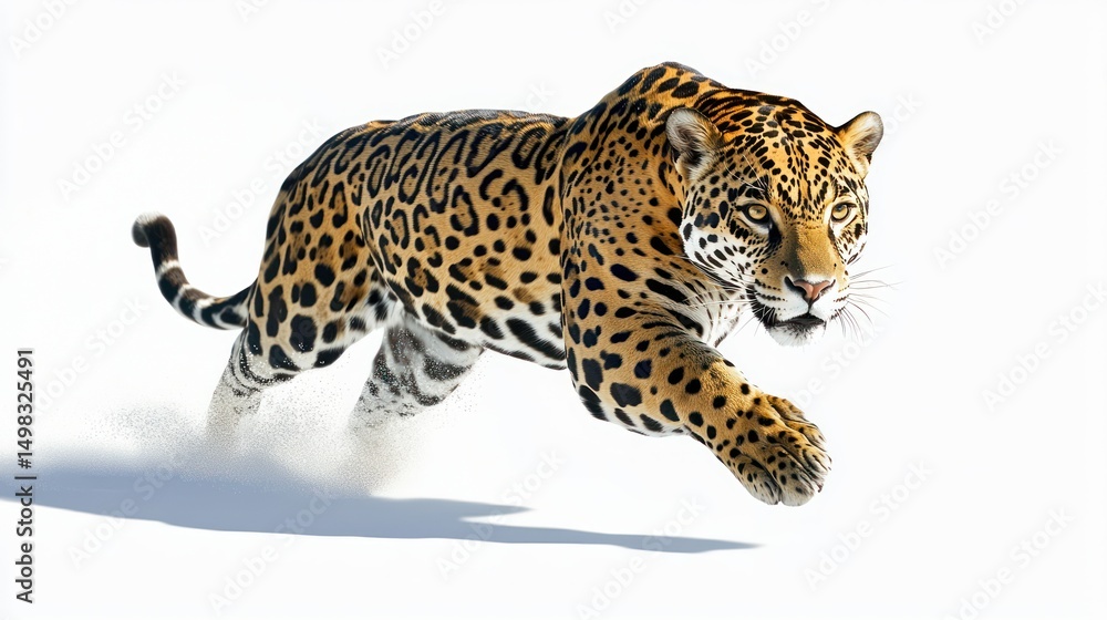 Fototapeta premium Powerful jaguar sprinting forward with focused gaze on a white background