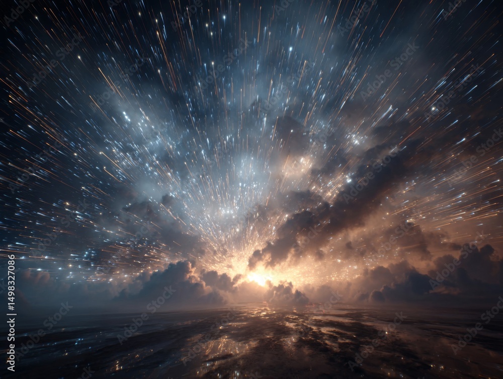 Fototapeta premium Cosmic Sunset: Vibrant Starburst Over Dark Clouds