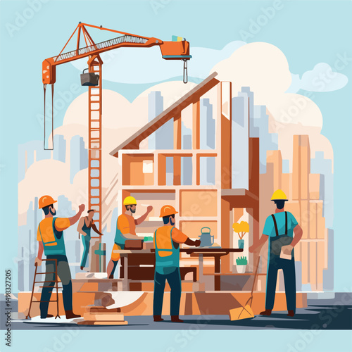 Professional Builders Working Under Construction Scene Vector Illustration