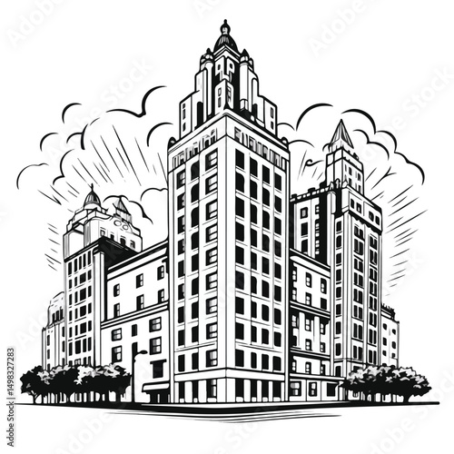 Professional Black and White Vector Illustration for Building, Company, and Real Estate Projects