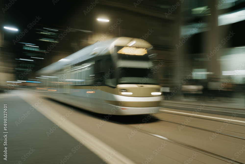 single tram in bustling city center captured in sharp focus with ultrabright glow single tram in bustling city center captured in sharp focus with ultrabright glow