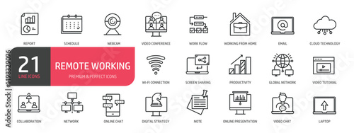 Set of line icons related to business meeting,  Wi-Fi, video chat, video conference, online messaging. Outline icons collection. Editable stroke. Vector illustration.