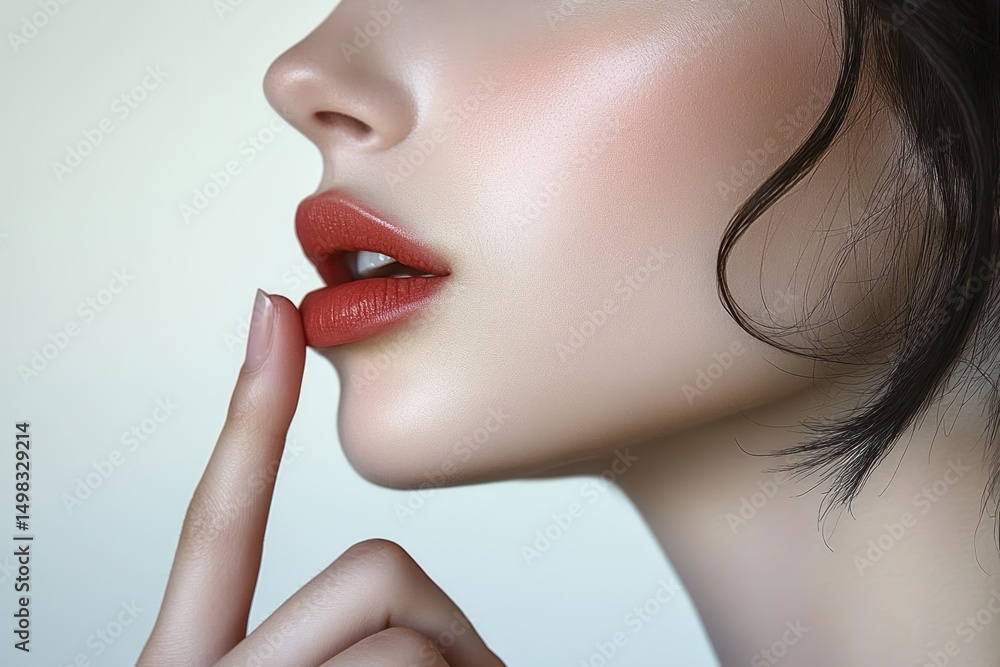 Close-up of a woman's face showing smooth skin, red lips slightly parted, and a finger gently touching her lower lip, conveying a sensual and delicate emotion Close-up of a woman's face showing smooth skin, red lips slightly parted, and a finger gently touching her lower lip, conveying a sensual and delicate emotion