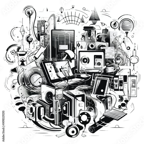 Professional Black and White Business Communication Technology Illustration for Modern Marketing Strategies
