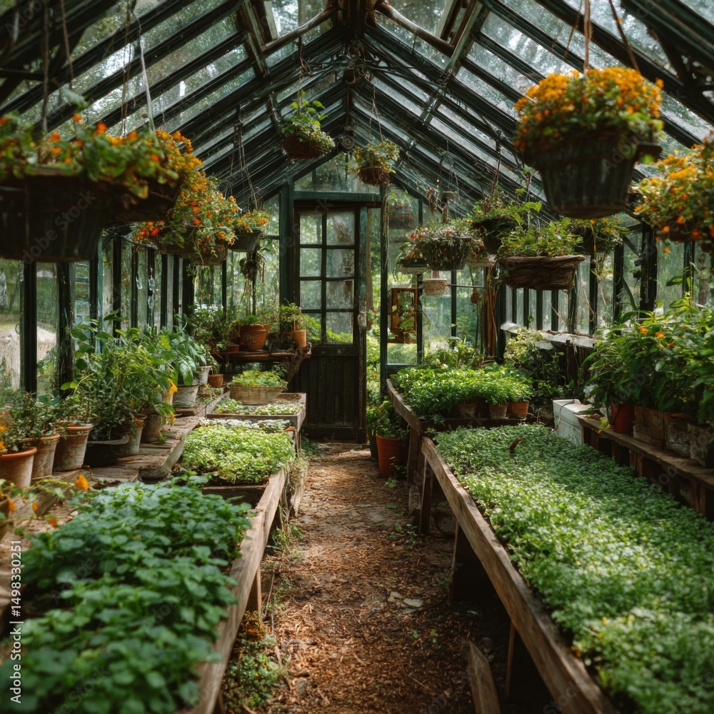 Lush Greenhouse Filled with Green Plants and Flowers Lush Greenhouse Filled with Green Plants and Flowers
