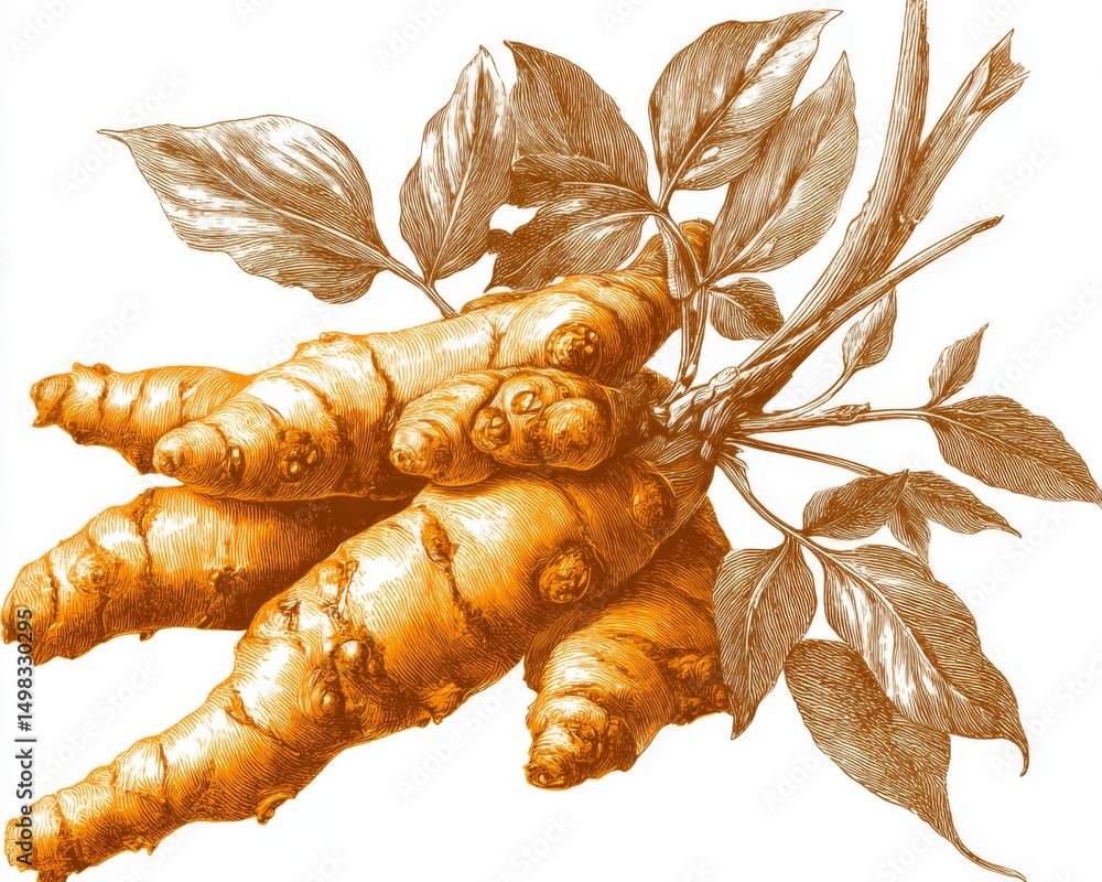Golden Turmeric Root with Brown Leaves Illustration Golden Turmeric Root with Brown Leaves Illustration