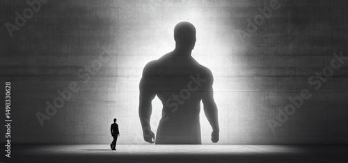 Small man in suit facing a large, muscular shadow figure projected on a concrete wall, symbolizing strength and personal growth in a vast, dimly lit space