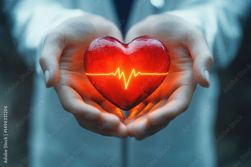 Obraz premium Close-up of hands holding a glowing red heart with an electrocardiogram line symbolizing life and health care