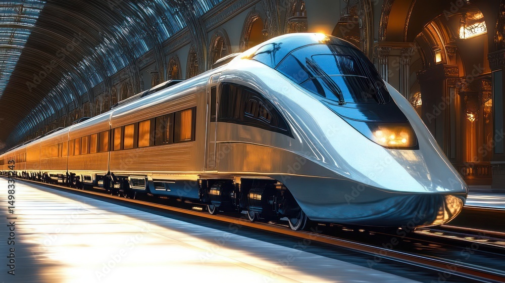 Naklejka premium Modern sleek high-speed train standing inside a spacious, elegant train station with vaulted glass ceilings and warm interior lighting