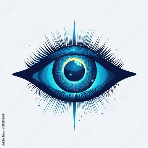 Detailed digital illustration of a striking blue eye with long eyelashes and radiant light reflections, evoking a sense of mystery and insight