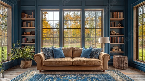 Classic rustic home with exposed wood grain furniture, muted blue wall and natural fall view, editorial lens 