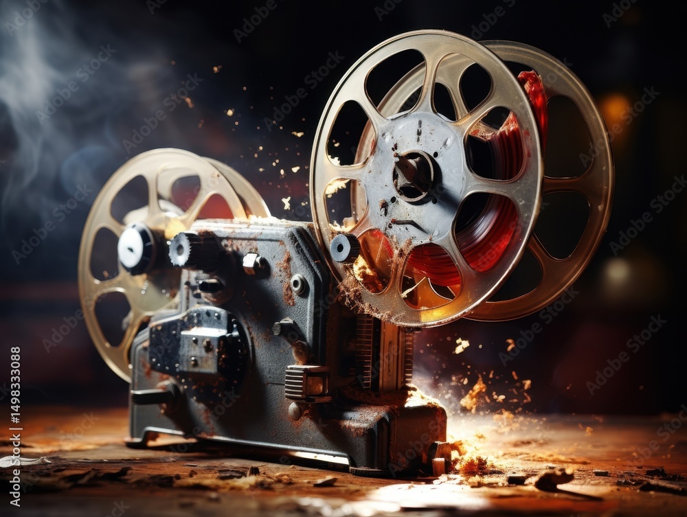 Fototapeta premium 動作中のレトロな映画プロジェクター、火花と煙