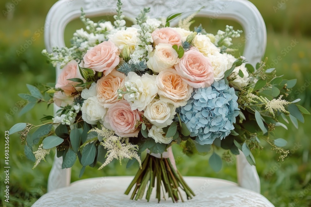 Obraz premium Elegant bouquet of mixed pastel roses, blue hydrangeas, white flowers, and green foliage arranged on a white vintage chair outdoors