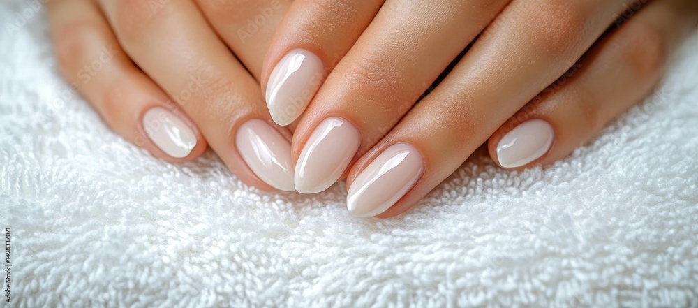Naklejka premium Close-up of manicured hands with glossy, natural-looking nails resting on a soft white towel conveying elegance and care