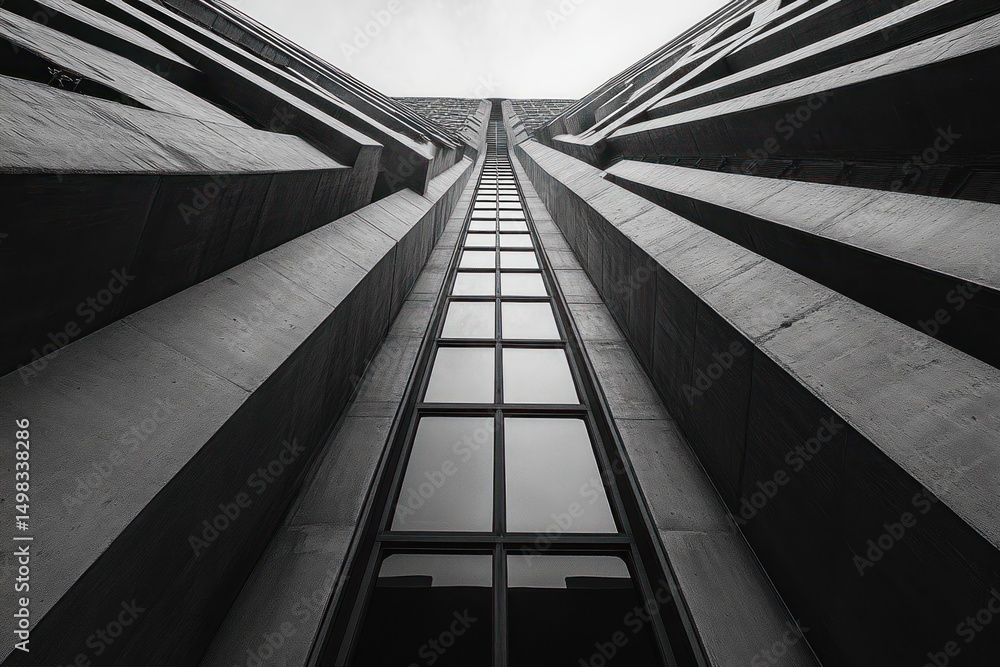 Monochrome upward view of a tall concrete building with symmetrical vertical lines and reflective glass windows reaching towards the cloudy sky Monochrome upward view of a tall concrete building with symmetrical vertical lines and reflective glass windows reaching towards the cloudy sky