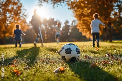 Children playing soccer in a sunlit park during autumn with a black and white ball on green grass and colorful fall leaves