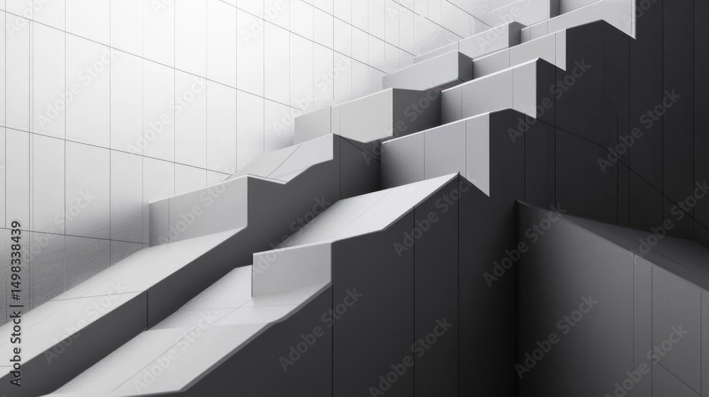 abstract modern staircase with geometric angular design in monochrome setting with tiled walls creating sharp shadows and depth abstract modern staircase with geometric angular design in monochrome setting with tiled walls creating sharp shadows and depth
