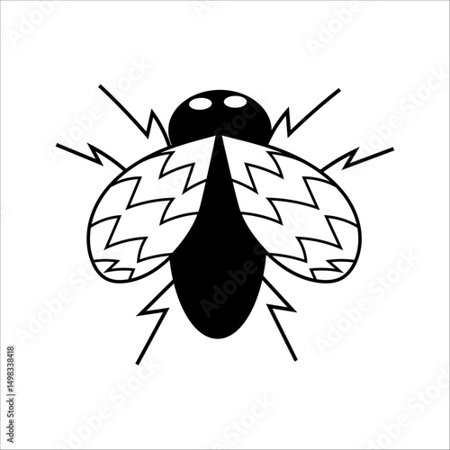 Fly icon illustration. Zigzag wing pattern. Electric shock lines. Vector pest symbol.