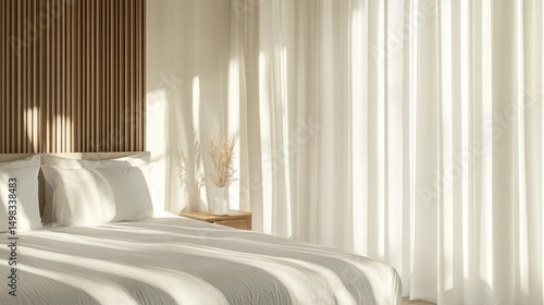 Minimalist bedroom with white linens, wooden bed frame, and sunlight casting soft shadows through gauzy curtains