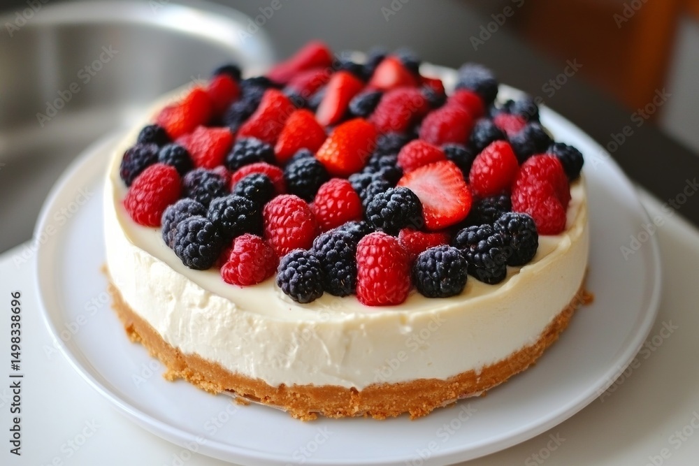 Delicious cheesecake topped with fresh strawberries and blackberries displayed on a white plate in a kitchen setting Delicious cheesecake topped with fresh strawberries and blackberries displayed on a white plate in a kitchen setting