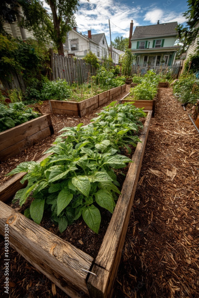 Rows of Lush Green Vegetables in Wooden Raised Garden Beds Rows of Lush Green Vegetables in Wooden Raised Garden Beds