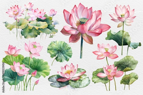 Fototapeta Naklejka Na Ścianę i Meble -  Elegant watercolor lotus flowers