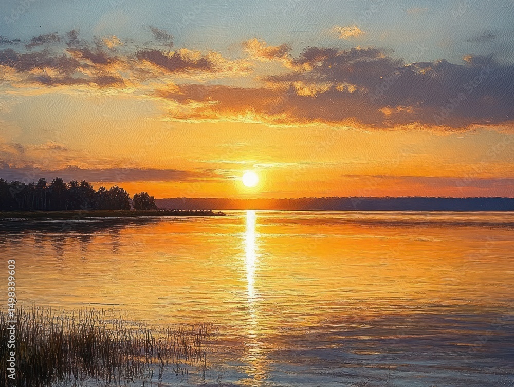 Calm sunset over a lake with golden and orange reflections on the water and a partly cloudy sky Calm sunset over a lake with golden and orange reflections on the water and a partly cloudy sky