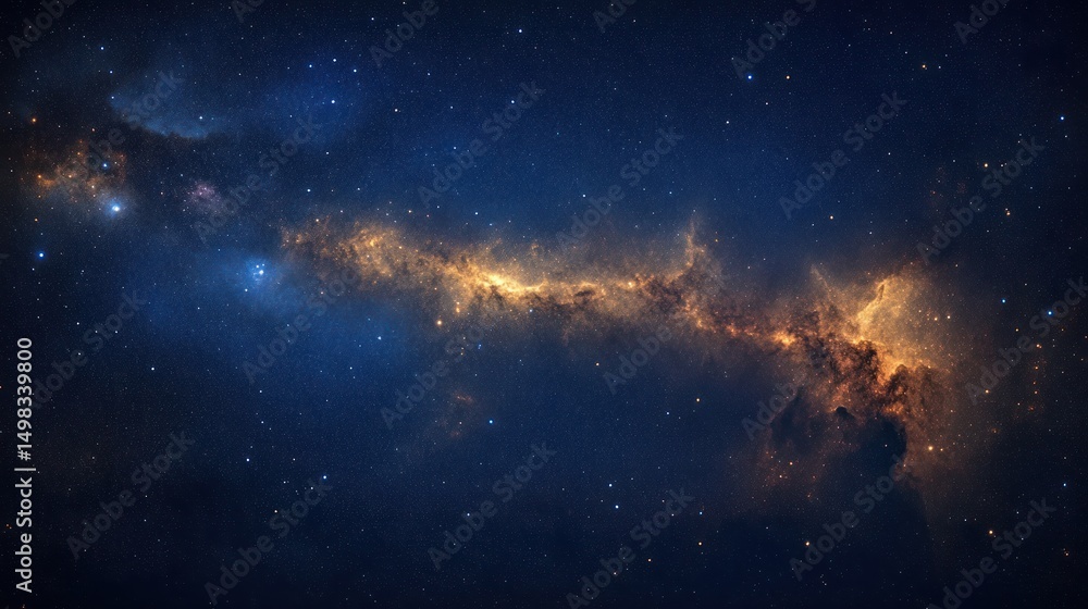 Vast night sky filled with stars and a glowing dense cosmic cloud of gas and dust stretching horizontally across the dark space, evoking wonder and mystery Vast night sky filled with stars and a glowing dense cosmic cloud of gas and dust stretching horizontally across the dark space, evoking wonder and mystery