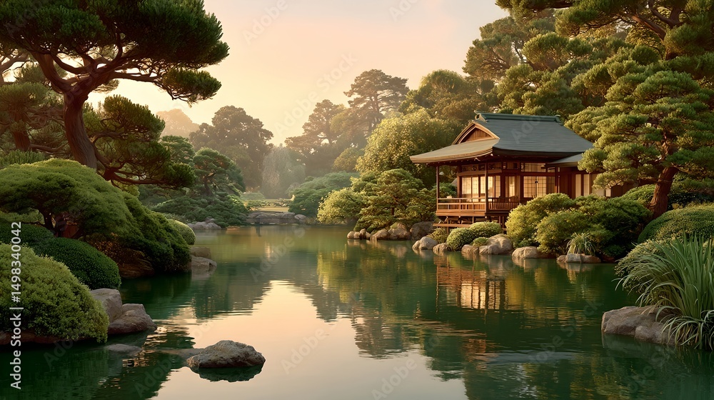 Fototapeta premium Peaceful japanese tea garden with a teahouse surrounded by a calm pond and lush greenery for relaxation