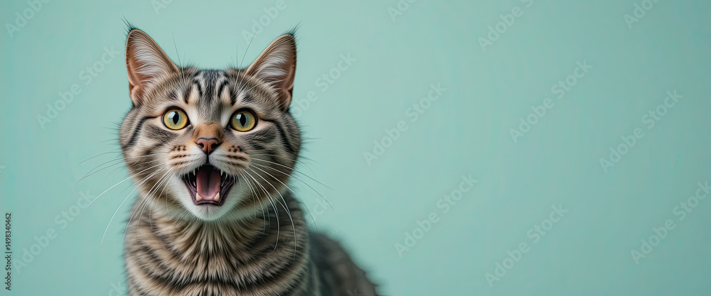 Obraz premium Surprised tabby cat with open mouth and wide eyes on pastel turquoise background, expressive studio portrait showing feline emotion, curiosity, and personality