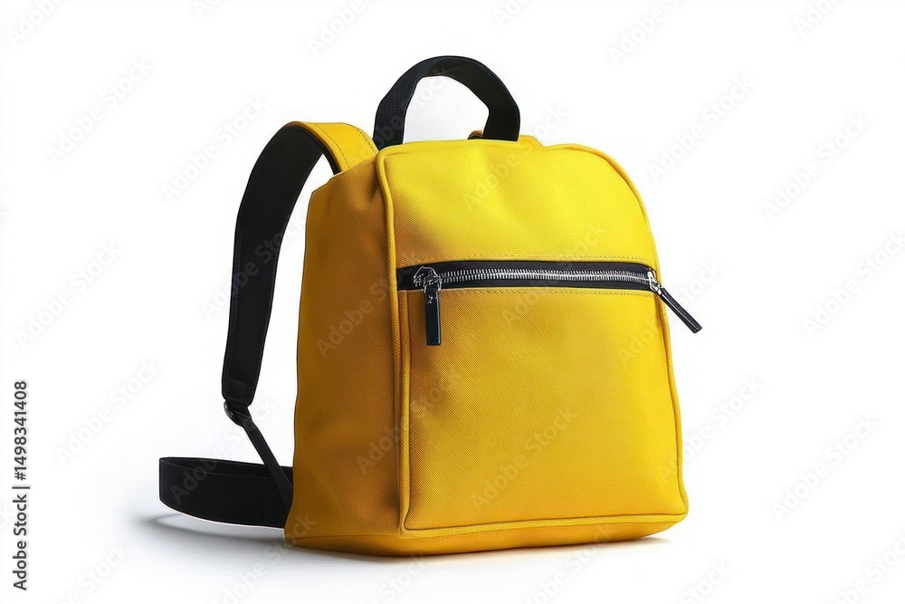 Bright yellow backpack with black straps and front zipper pocket isolated on white background Bright yellow backpack with black straps and front zipper pocket isolated on white background