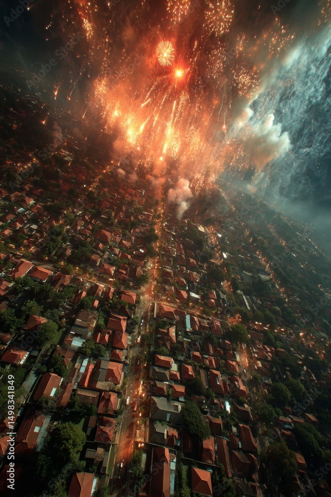 Naklejka premium Aerial View of Fireworks Display Over City at Night