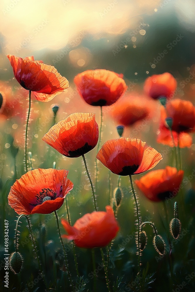 Obraz premium Close-up of vibrant orange poppy flowers blooming in a sunlit field with soft bokeh background creating a warm and peaceful atmosphere