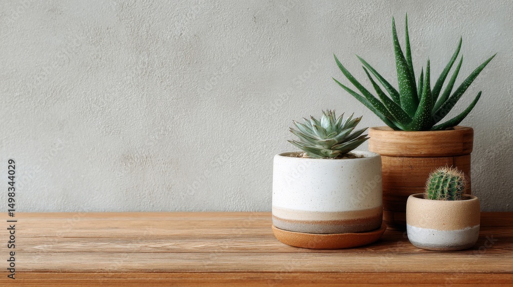 Fototapeta premium Succulents in Ceramic Pots on Wooden Table