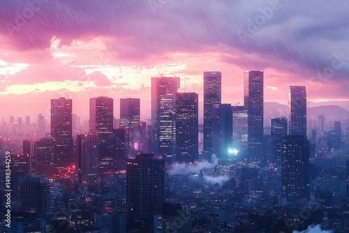 Wallpaper Mural Rainy evening over a city skyline with numerous tall skyscrapers illuminated with lights under a dramatic pink and purple cloudy sky Torontodigital.ca