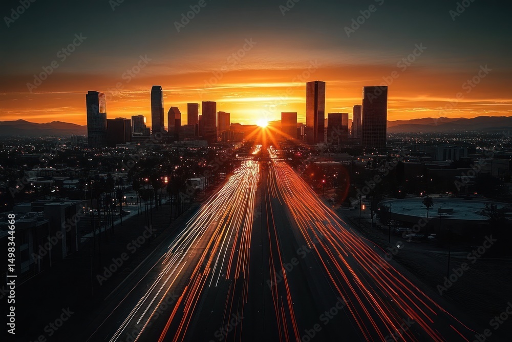 Fototapeta premium vibrant sunset behind a city skyline with illuminated high-rise buildings and long exposure light trails of vehicles on a busy highway