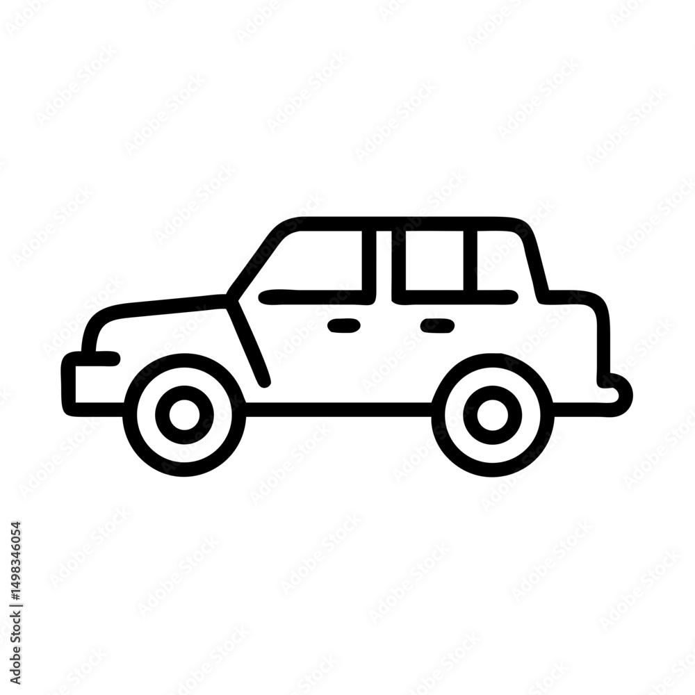 Simple depiction of a boxy automobile with visible wheels and windows in a line drawing style design Simple depiction of a boxy automobile with visible wheels and windows in a line drawing style design