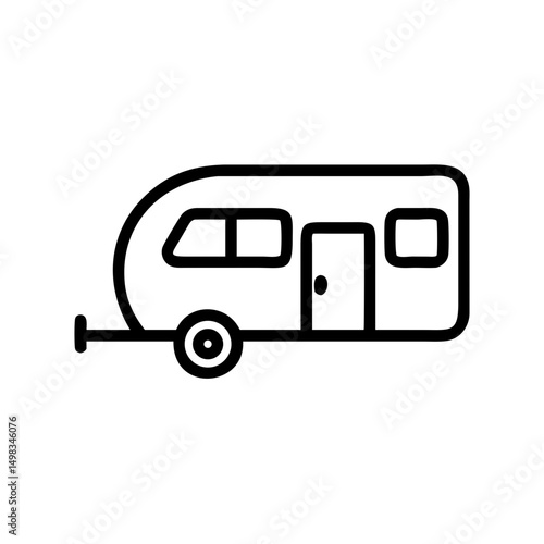 Outline drawing of a small camper with a door and windows ready for a camping adventure trip out