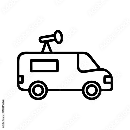Outline of a delivery automobile with a loudspeaker on top and two wheels shown clearly here