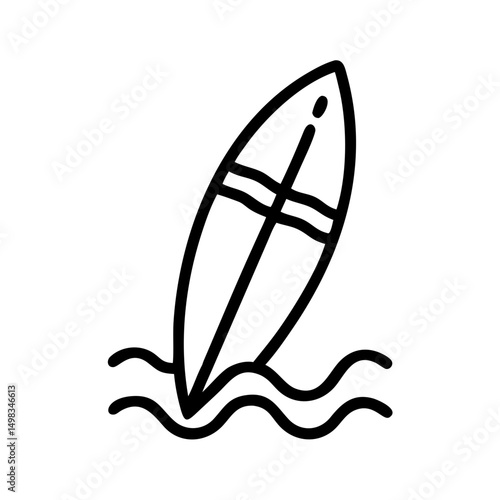 Stylized surfboard standing upright in the water with wave details shown in a simple line drawing style