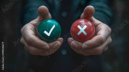 Wallpaper Mural Human hands, one holding a red ball marked with an “X” symbolizing error, and the other holding a green ball with an “OK” sign representing approval or correction. Generative AI Torontodigital.ca