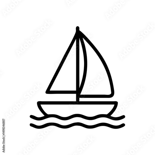 Simple graphic of a sailboat with two sails on water with wavy lines in black and white style