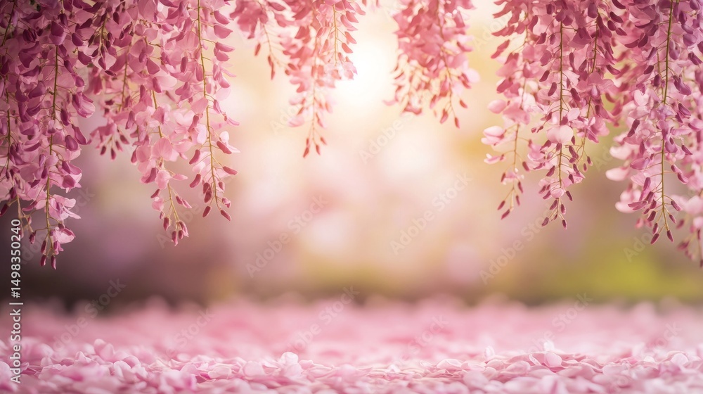 Naklejka premium Captivating cascade of pink blossoms creates a dreamy landscape in a tranquil garden setting