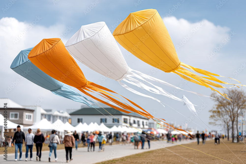 Naklejka premium Colorful kites flying above a lively outdoor festival with people walking along a path lined with tents and houses.