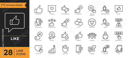 Like outline icon set. Containing thumbs up, liked, favorable, positive, appreciation, favorite, validation and more. Editable stroke. Vector illustration